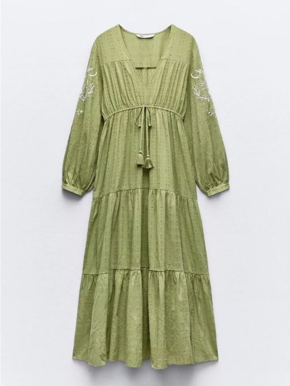 Zara Olive Tie-Waist Embroidered Sleeve Maxi Dress